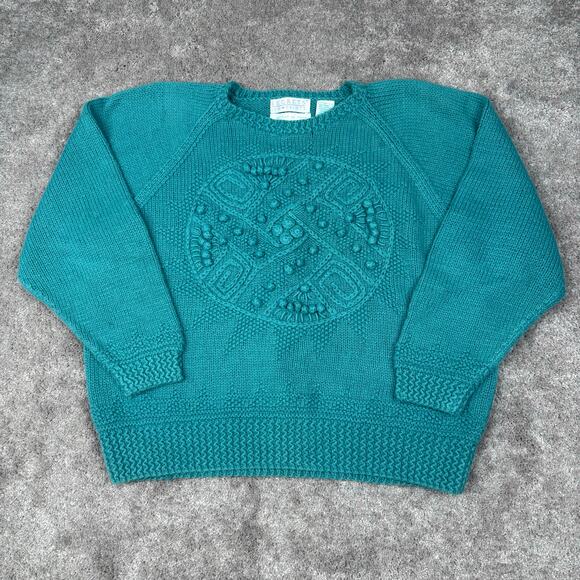 Vtg Teal Textured 3D Knit Sweater Size S Grandma Cottage Hand Knit Cotton Ramie - Picture 1 of 4